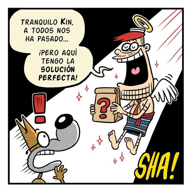 Viñeta 3 de 6. Un ángel con una funda sorpresa dice: «Tranquilo Kin, a todos nos ha pasado… ¡pero aquí tengo la solución perfecta!».