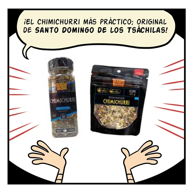 Viñeta 4 de 6. El ángel muestra el frasco y la funda de chimichurri deshidratado: «¡El chimichurri más práctico, original de Santo Domingo de los Tsáchilas!».