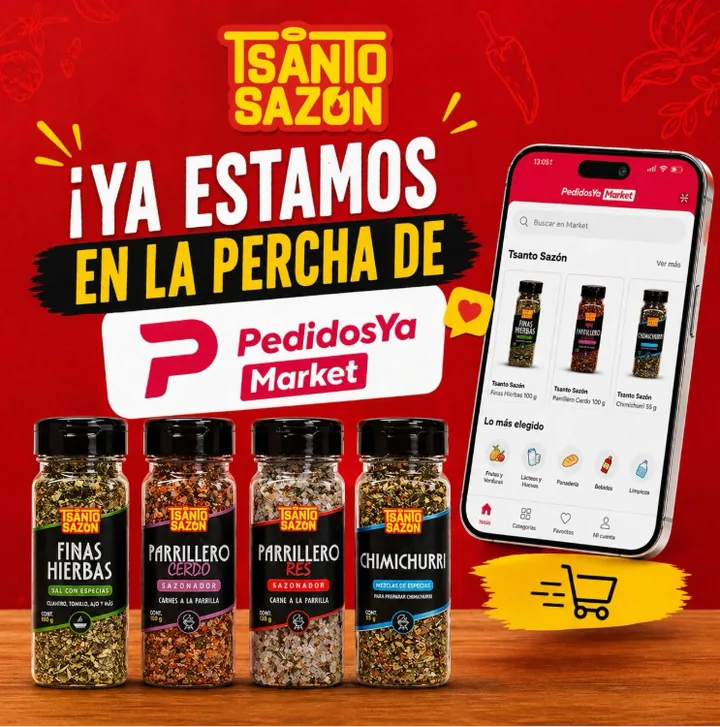Anuncio: Tsanto Sazón ya está en PedidosYa Market, con cuatro frascos de sazonadores y la app en un celular